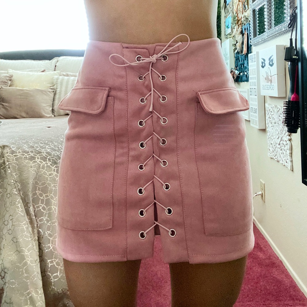 High Waisted Pink Suede Laced Up Skirt